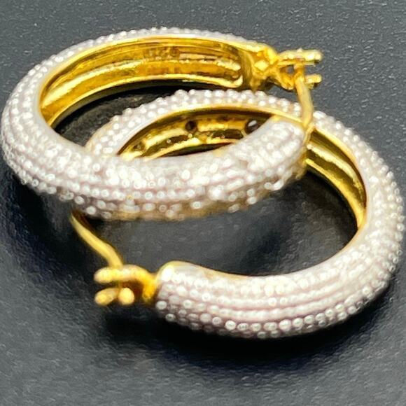 RT Sterling Silver Gold Plated Two Tone Diamond Chip Pave Round Hoop Earrings - Picture 4 of 8